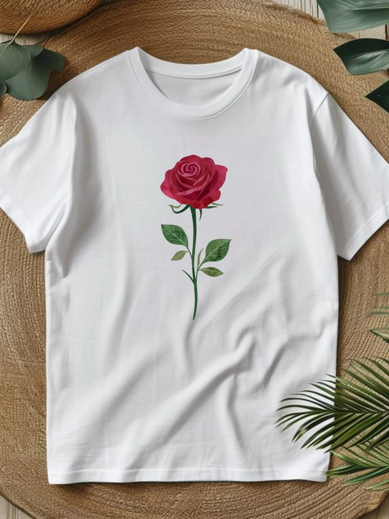 Y2K Women's Round Neck T-Shirt, Spring and Summer Women's Clothing, Red Rose Floral Print, a Fashionable and Casual Choice, Fun Print, Local Delivery