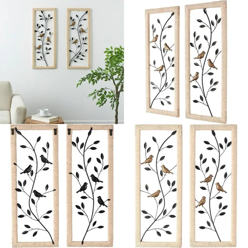 

Set of 2 Deco 79 Metal Leaf Wall Art with Cream Rattan Frame, Bronze Bird Accents, 12x32, Black