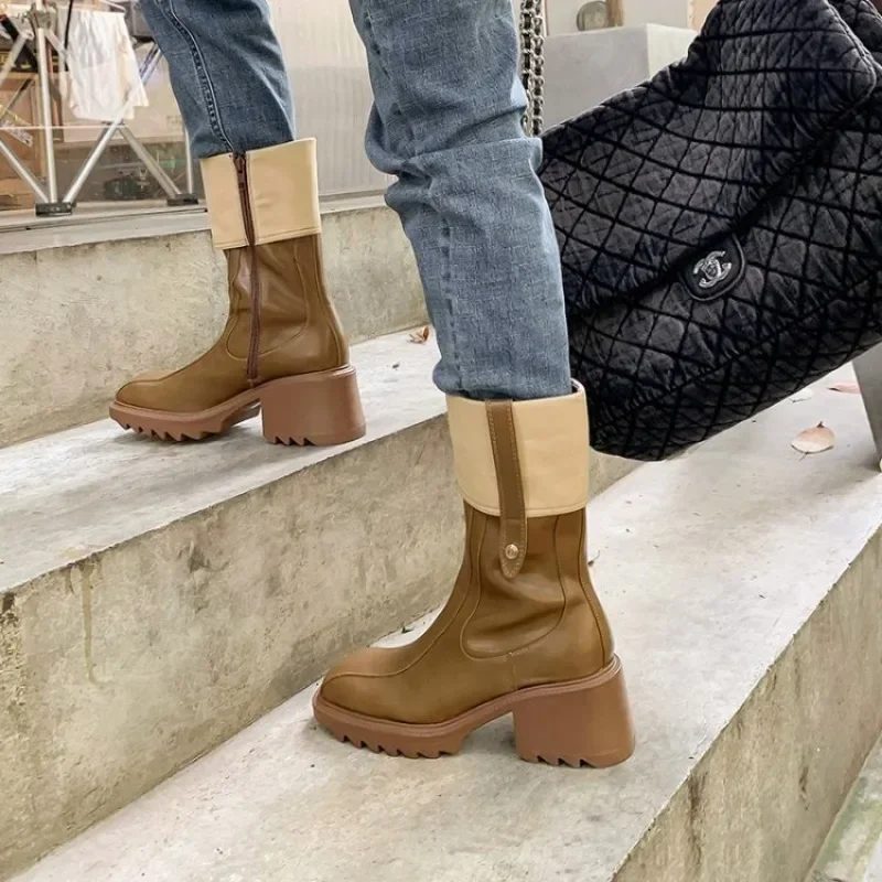 Side Zipper Winter Women Boot  New Vintage High Heel Mid Sleeve Boot Coarse Heel Leather Boot Luxury Designer Shoe Women Shoe