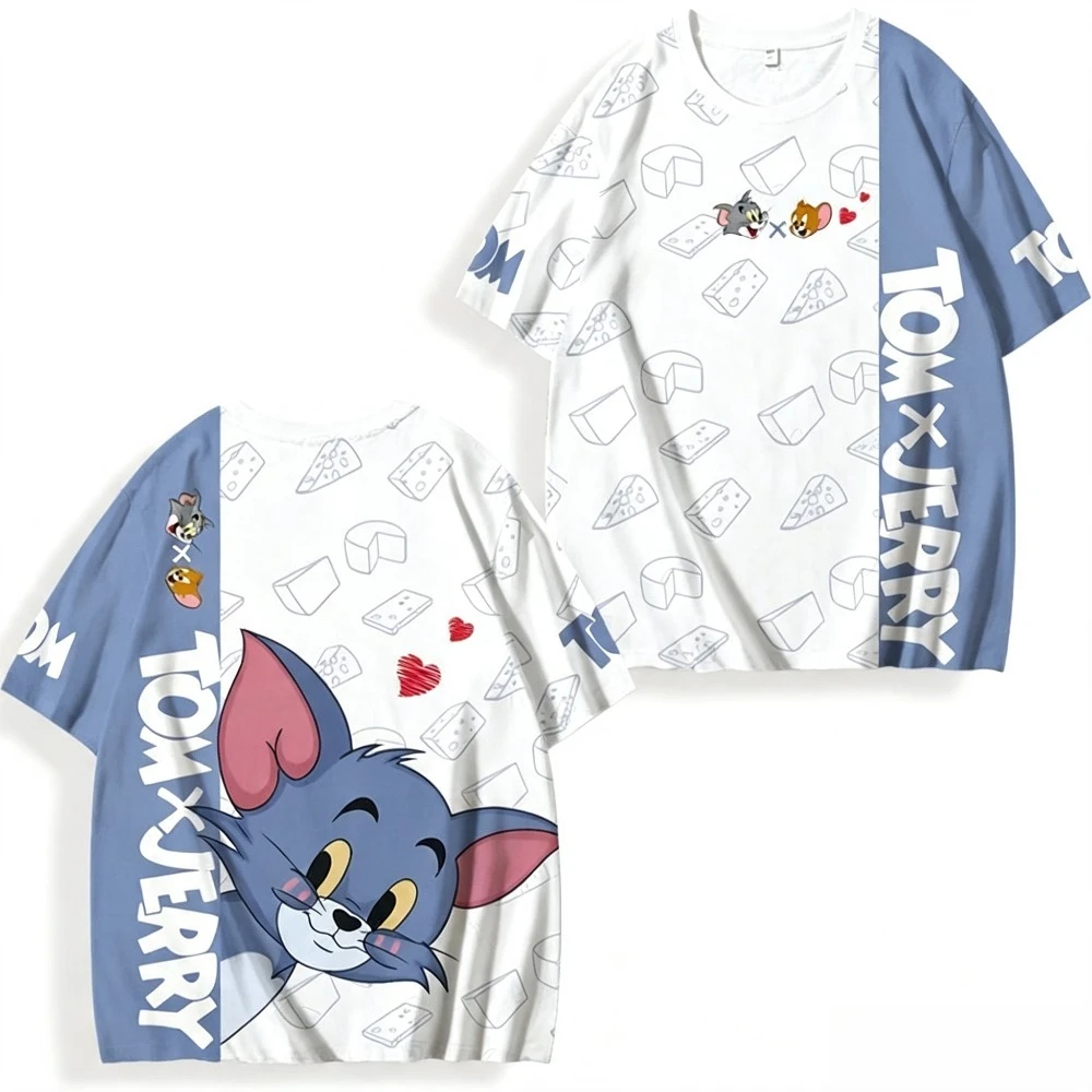 Cute Tom Jerry Anime Split Color Stitching T Shirt Cartoon Graphic Oversized Casual Short Sleeve Tee For Couple Daily Wear