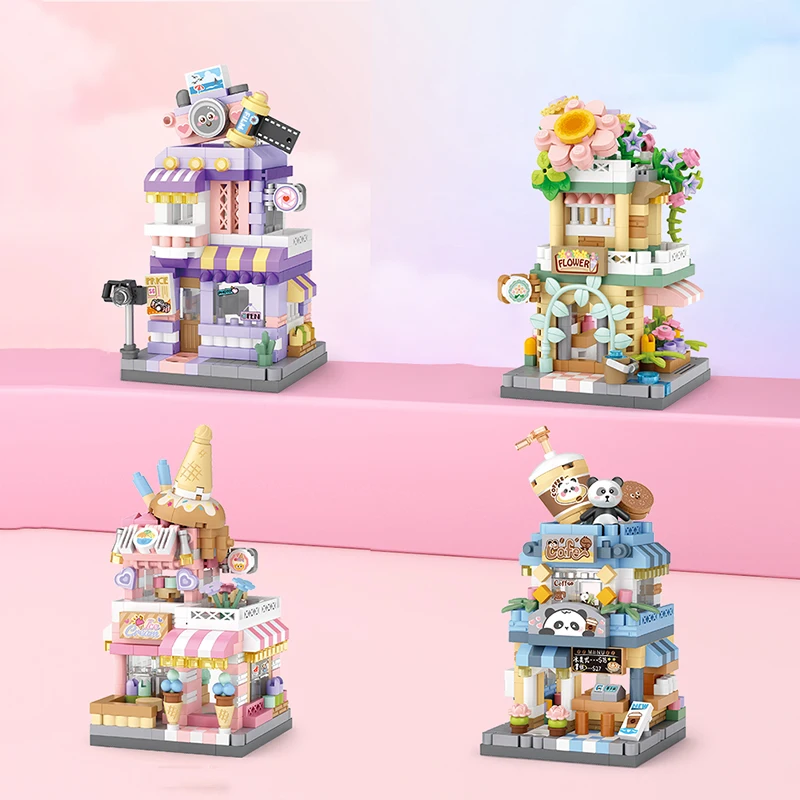 City Street View Building Block Set DIY Ice Cream Coffee Flower Shop Model Building Toy Ideal for Home Decor and Holiday Gifts