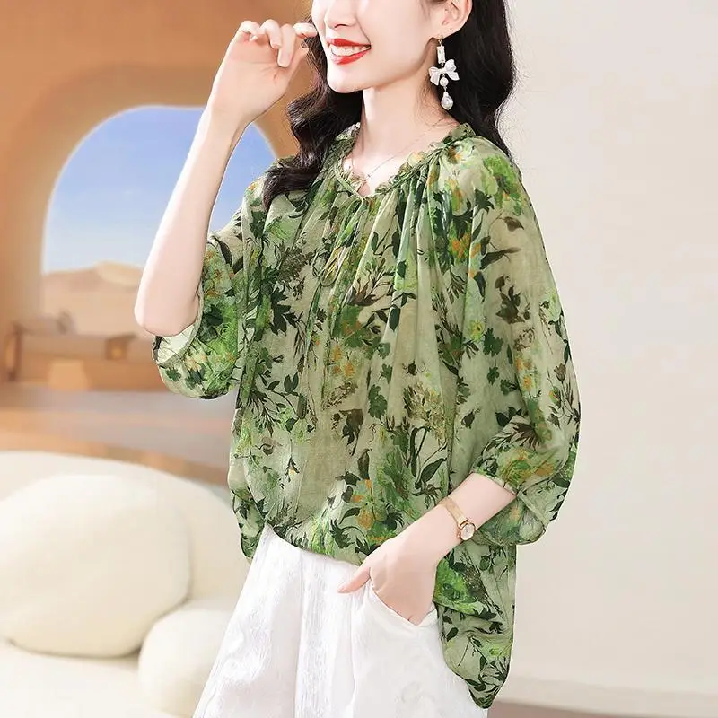 Temperamento impresso camisa de manga média para primavera e outono moda versátil chiffon plissado retalhos solto topo