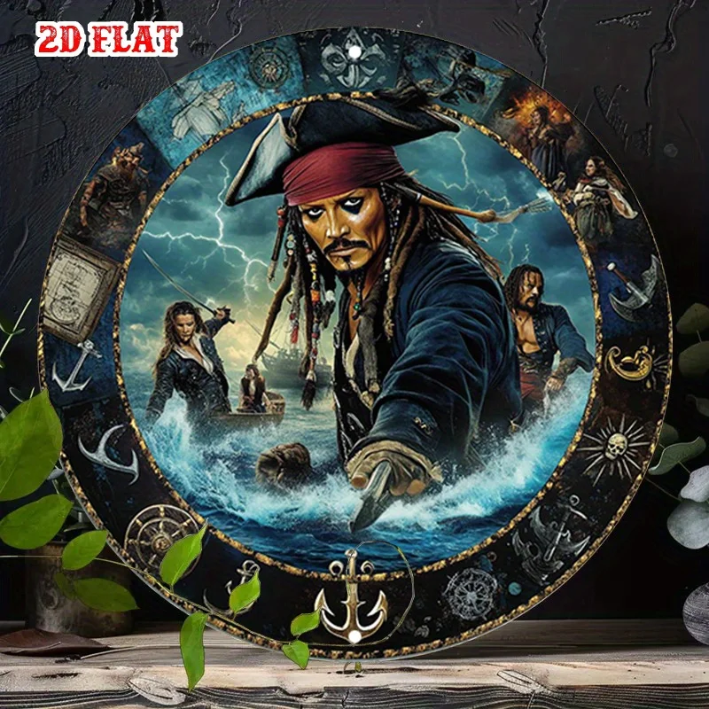 2D Flat Jack Sparrow Round Aluminum Sign - 19.99cm Rustic Metal Wall Art with Nautical Adventure Design, Perfect for Home, Garag