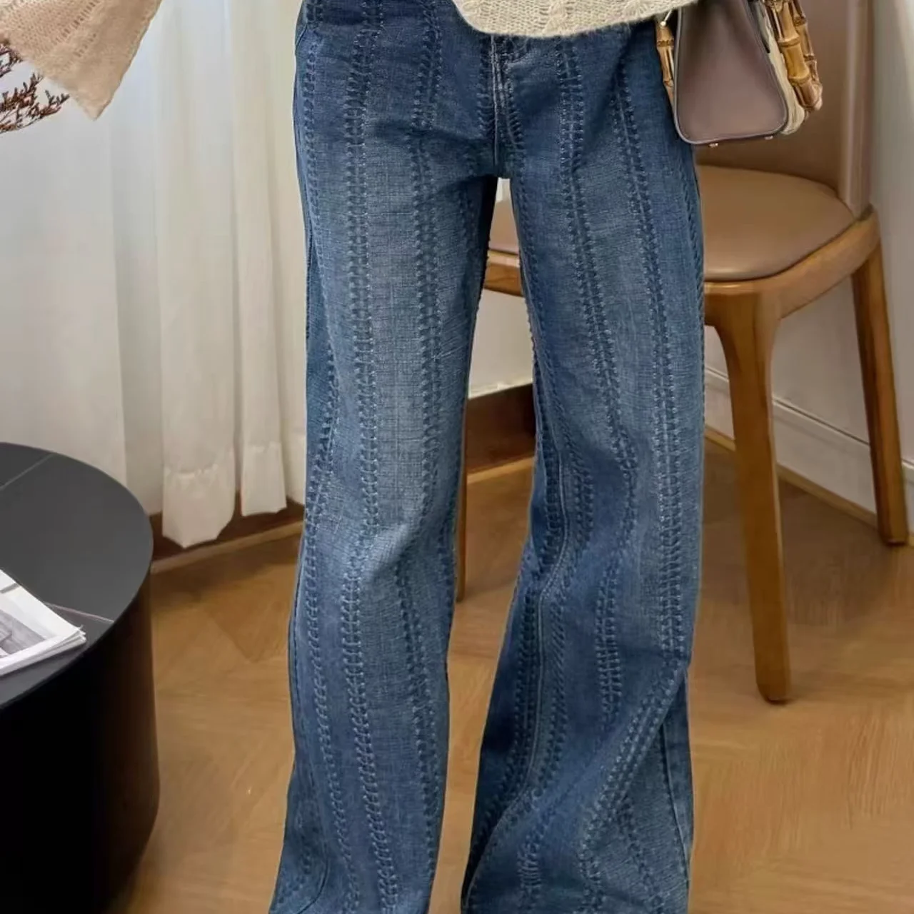 High Waist Wide Leg Denim Jeans Women's Casual Knitted Texture Heavy Weave Design Summer Loose Fit Soft Denim Cotton Pants