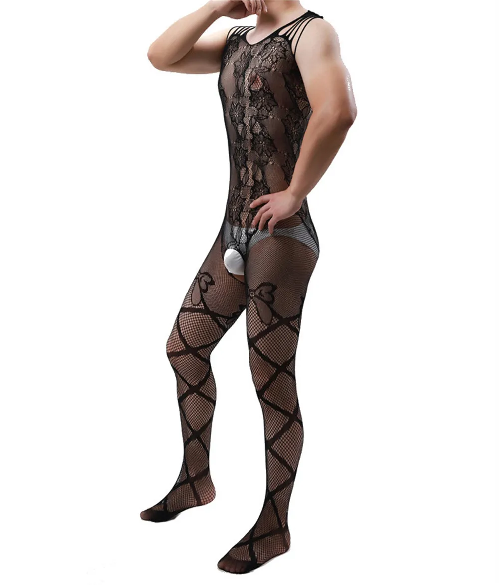 Sexy High Elastic Hollow out Floral Pattern One-Piece Men's Bodysuit Tight Sleepwear Comfortable Menswear Underwear