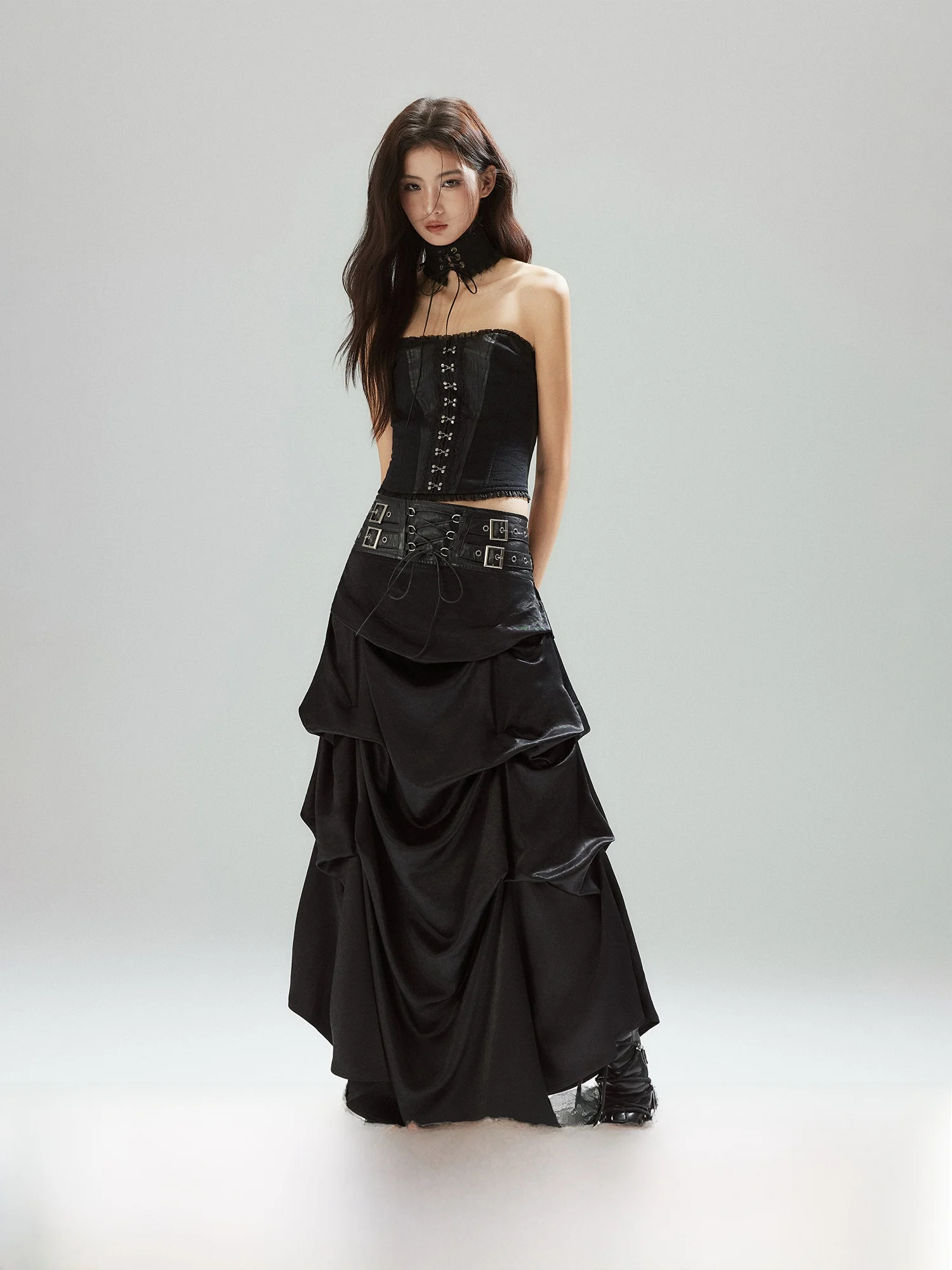 

Low Pixel Bla Retro Pleated Skirt Asymmetrical Hem Leather Wide Waist A-Line Skirt Street Sle Women's Faion