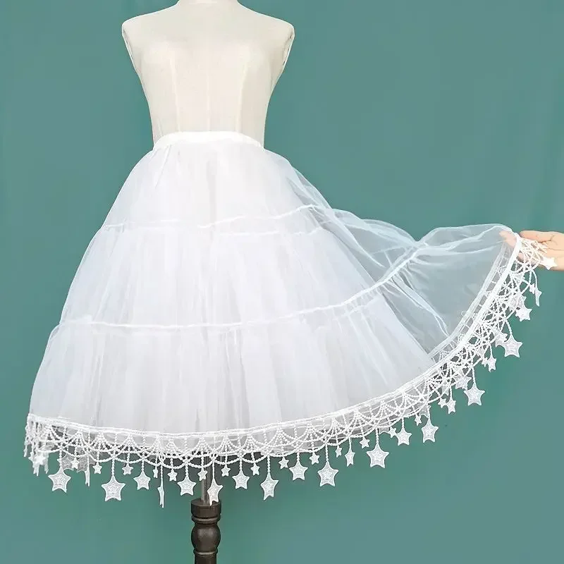 Japanese White Five Pointed Star Tassel Mid Length Lolita Bustle Women High Quality Boneless Organza Petticoat 4 Layers 65cm