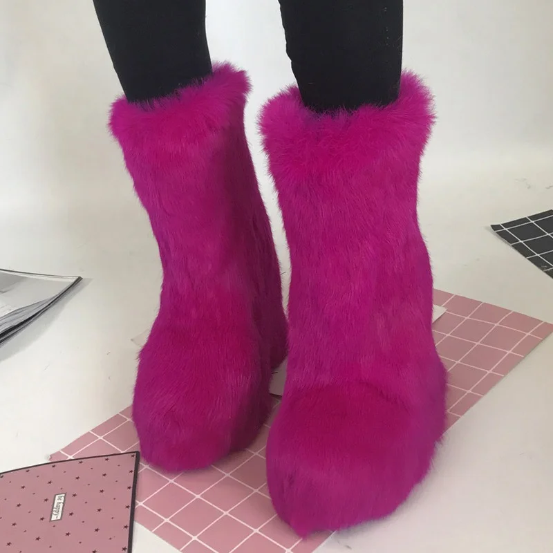 

High-heeled Women's Height-raising Fur Boots Winter Quality Rex Rabbit Fur Snow Boots Outdoor Luxury Warm Snow Boots