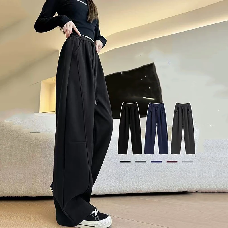 

Drawstring Wide Leg Sports Pants Women Autumn Winter Thick Warm Casual Sweatpants Woman Elastic High Waist All Match Trousers