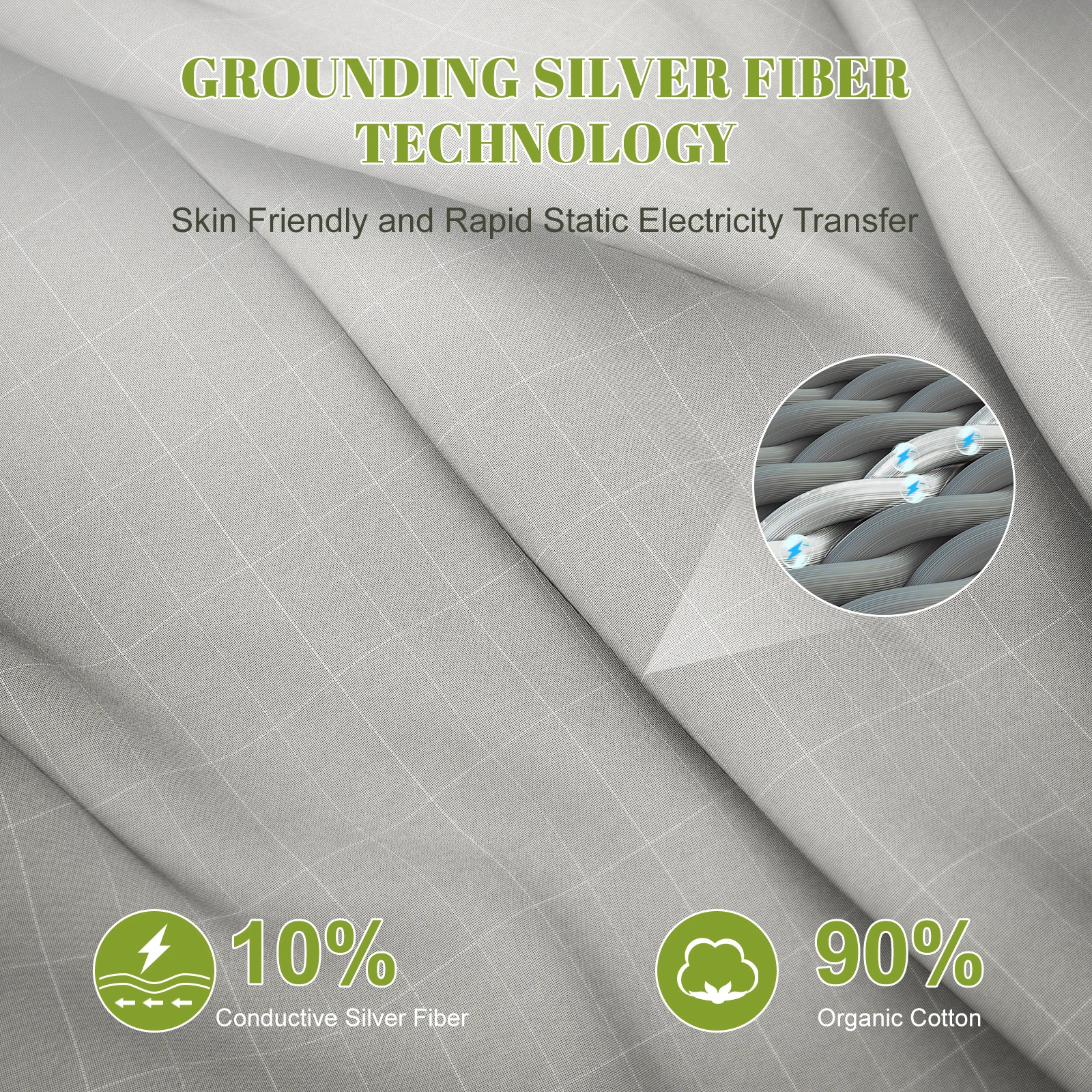 Grounding Sheets King Size - 10% Silver Fiber and 90% Cotton Grounding Fitted Sheet with Grounding Cord Gray Color Queen/King Size