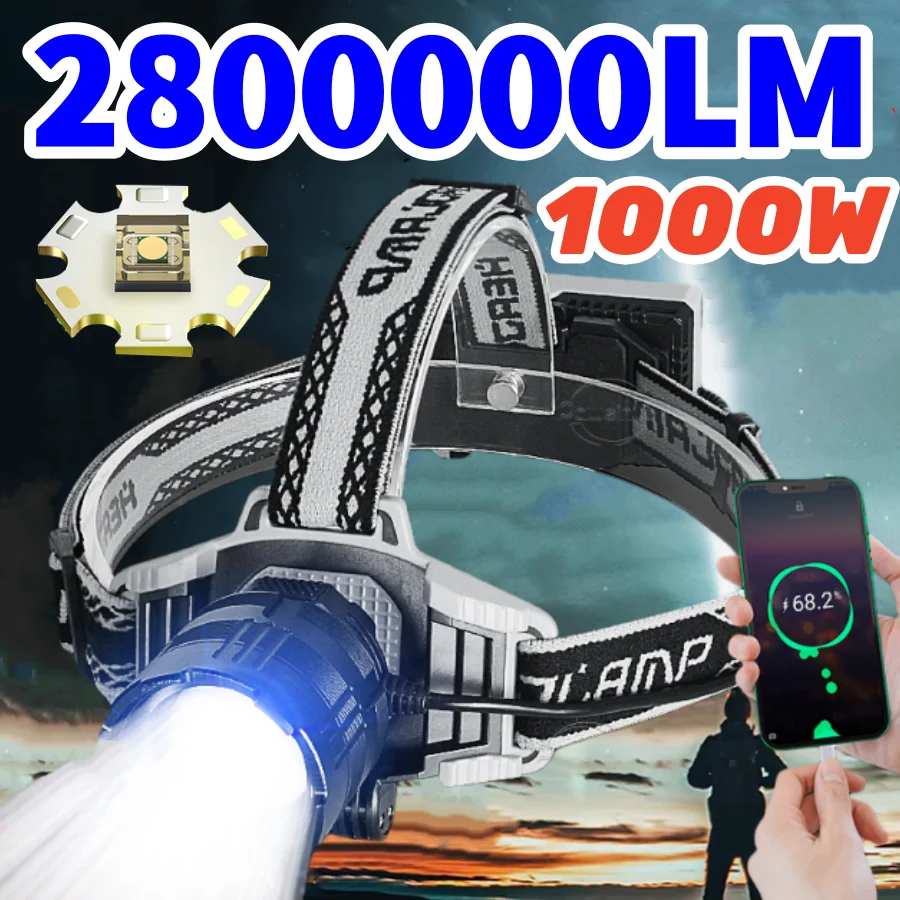 

1000 Вт перезаряжаемая светодиодная фара с масштабируемой головкой, уличный фонарик для рыбалки, кемпинга, работы с высоким люменом, мощный охотничий фонарь