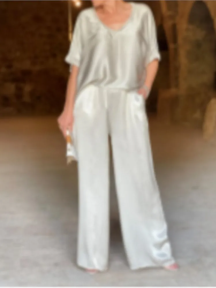 Set Longgar Kasual Wanita Atasan Pullover Leher V Solid Mode + Celana Kaki Lebar Dua Potong Set untuk Wanita Pakaian Kantor Wanita Baru