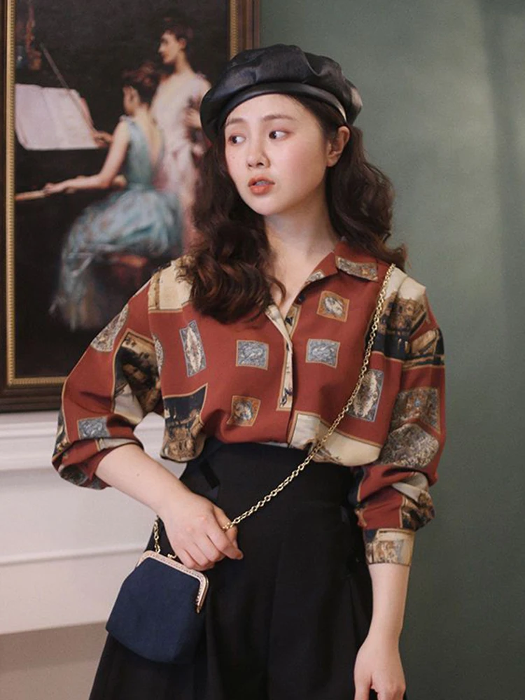 Zoki 90S Vintage Print Chiffon Shirt Women Harajuku Long Sleeve Thin Loose Casual Blouse Korean All Match Turn Down Collar Top