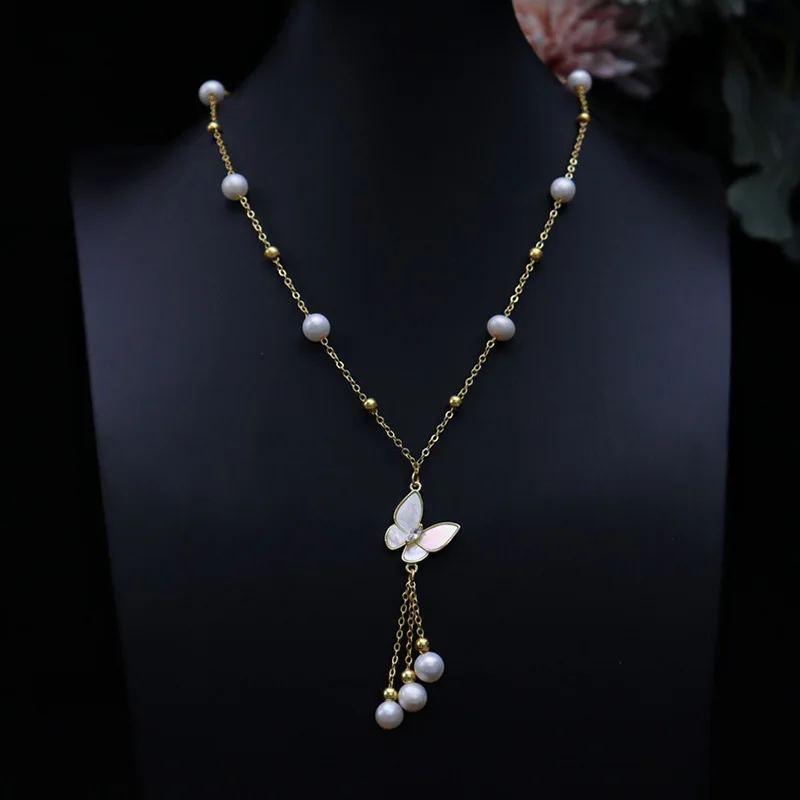 

Natural Freshwater Pearl Necklace 6-7mm Korean Style White Mother-of-Pearl Butterfly Inlaid Tassel Design Fashionable Elegant Ve