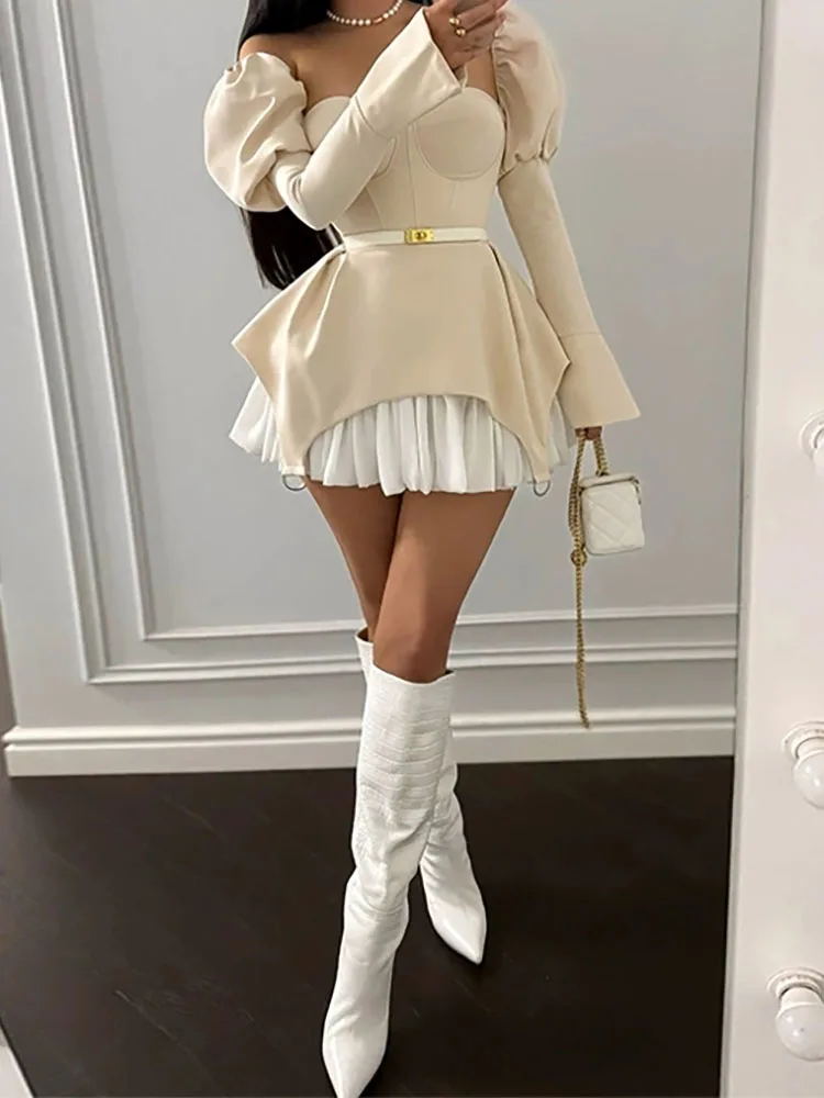 バブルスリーブデザインパッチワークスクエアネックショートスカート春夏新作レディースファッショントレンドドレス