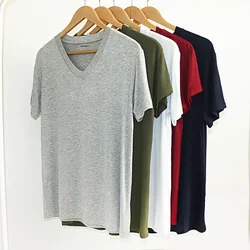 Novo verão masculino modal camiseta com decote em v de manga curta fina casual cor sólida primavera e outono camisa de fundo solta sleep tops