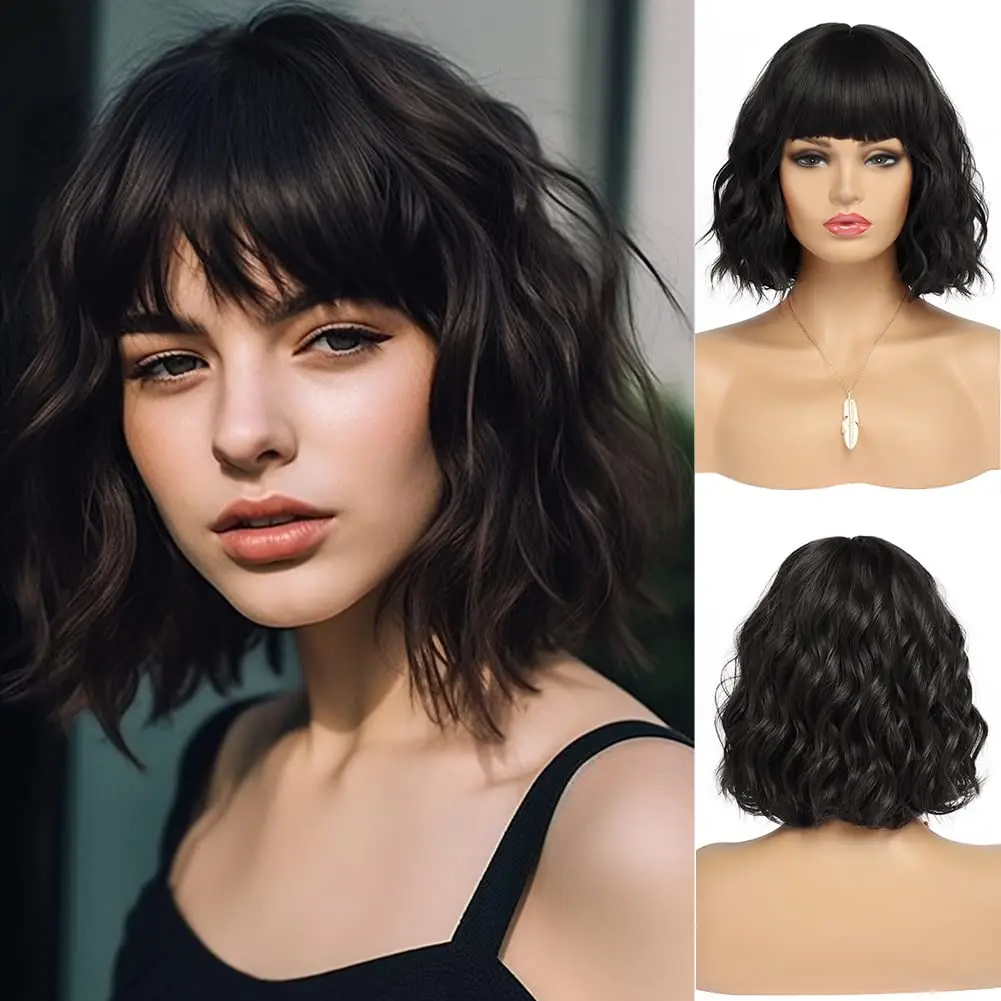 Synthetic Short Black Bob Wig With Bangs for Women Wavy Shoulder Length Wig Short Water Wave Wig Daily Wear