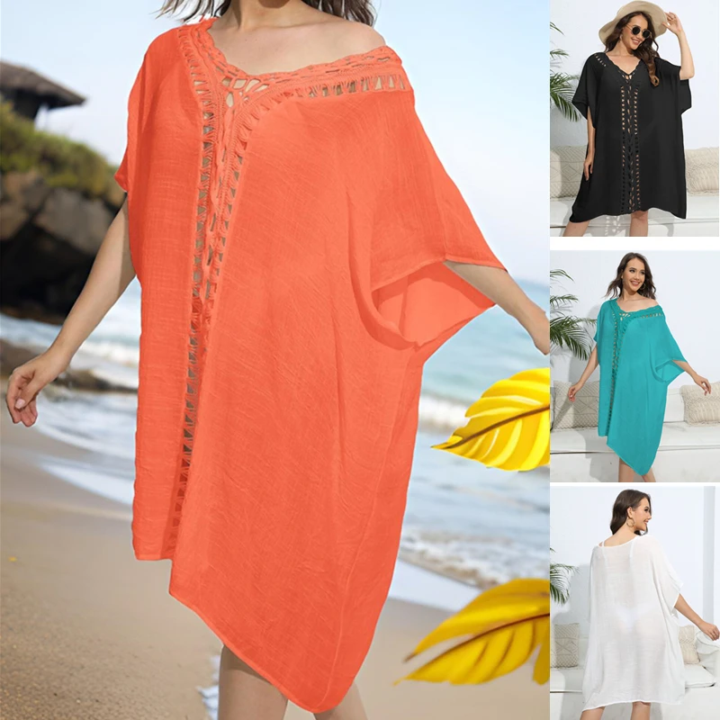 

Fashion Orange Beach Cover Up for Women Solid Robe Knitted Y Style V Neck Sun Dress Soft Kimono Beach Dresses Lady Outlet Bath