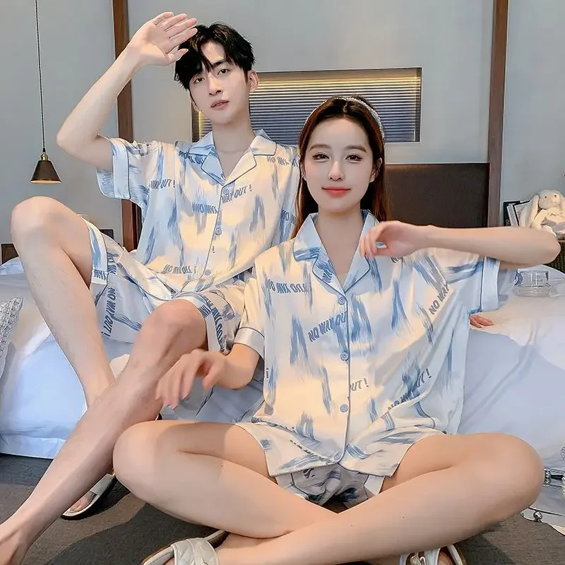 Summer Couple Pajamas Sets Short Sleeve Cardigan Shorts Two Piece Loungewear Sleepwear Silk Print Nightwear High-end Lounge Set