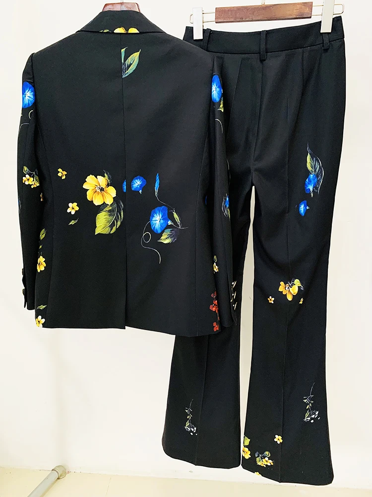 Imagem -03 - Blazer Estampado Floral Feminino e Calças Flare Conjunto de Passarela Botão Único Rua Alta Designer Mais Novo Peças 2024