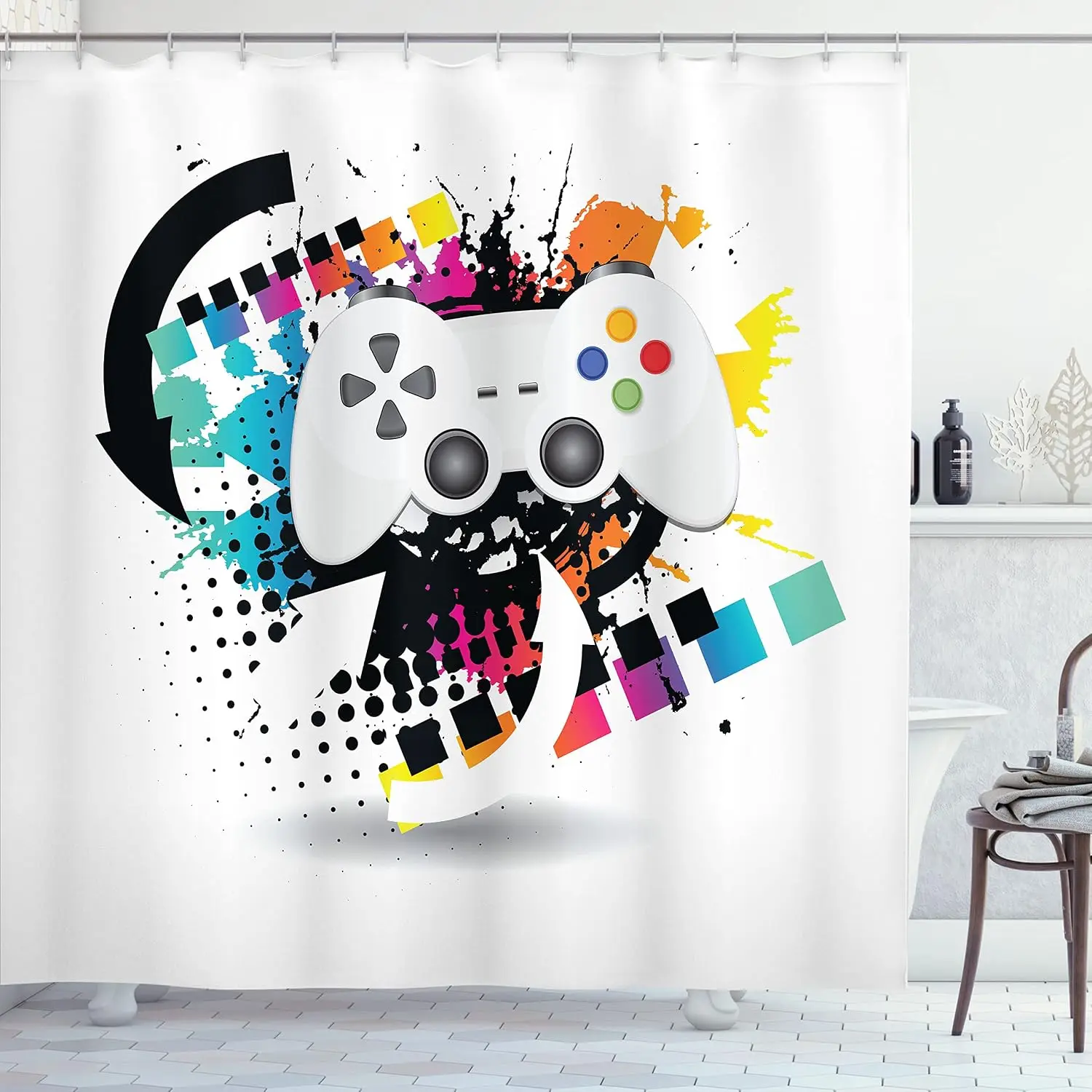 Gaming Console Shower Curtain Waterproof Bathroom Decor Pop Culture Fun Shower Curtain Polyester Shower Curtain Bath Mat  Gaming