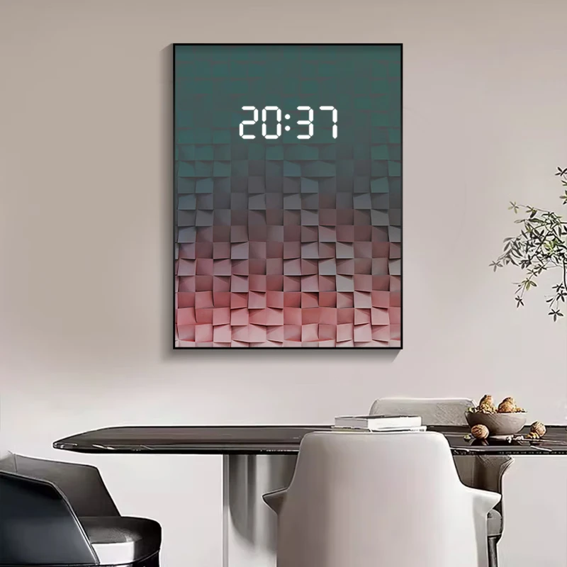 light luxury gradual change square meter box decorative painting with LED time clock wall clock guest restaurant