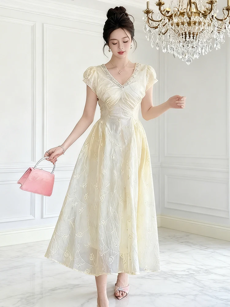 Nuova estate elegante francese con scollo a V abito manica a sbuffo pizzo ricamo maxi abito donna perla sottile a-line data cocktail party vestido