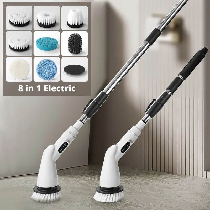 New 8-in-1 LCD Cordless Electric Cleaning Brush with Long Handle, Retractable Bathroom Toilet Floor, Electric Cleaning Brush