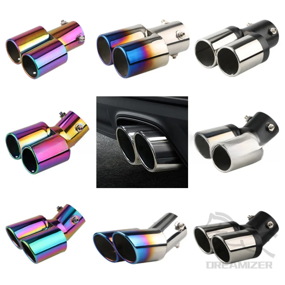 

Car Styling Car Decoration Chrome Tail Pipe Car Exhaust Trim Muffler Pipe Tail Stainless Steel Curved Double Outlet Universal