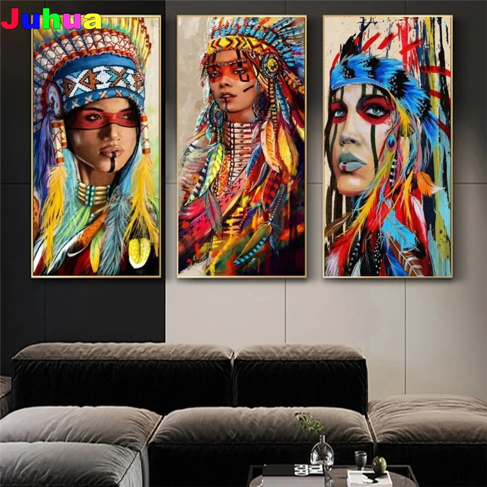 Tamanho grande colorido indiano 5d diy pintura diamante completo redondo quadrado nativo mulher diamante bordado mosaico conjunto decoração de casa