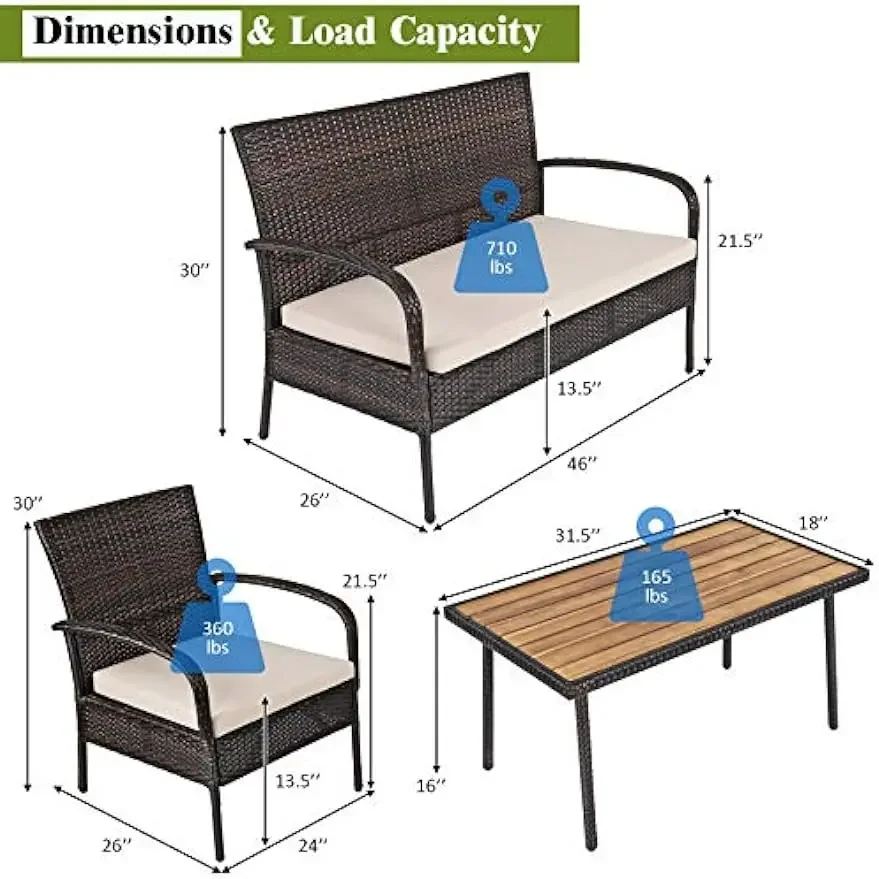 Set furnitur rotan teras 4 PCS, Set percakapan luar ruangan dengan Bantal & kayu Acacia kopi meja, (1, coklat)