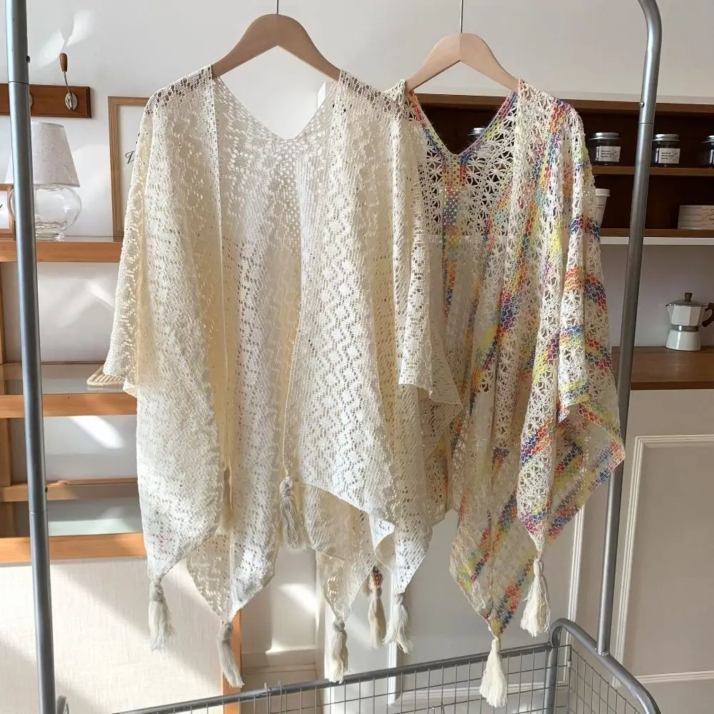 

Винтажная элегантная шаль с кисточками в этническом стиле, тонкий красочный солнцезащитный крем, вязаный крючком кардиган, полый пляжный шарф в стиле ретро для путешествий