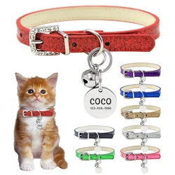 Bling Leather Cat Collar With Bell Personalized ID Name Collar for Cats Puppy Small Dog Kitten Accessories Chuahua Necklace XS/S