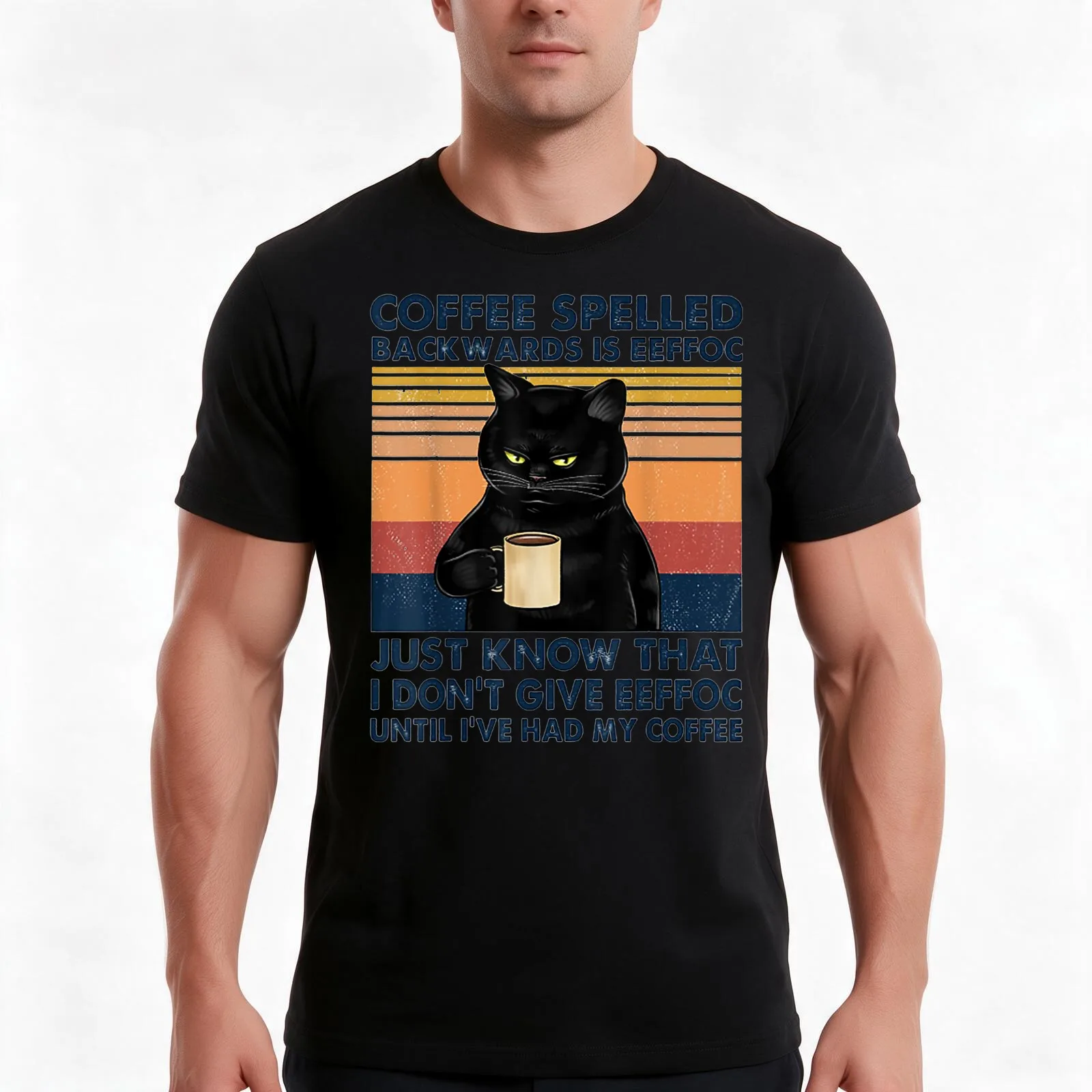 Coffee Spelled Backwards Is Eeffoc Cat Drinking Vintage T-Shirt, Summer Casual Cotton Tee, Oversized Streetwear Tops
