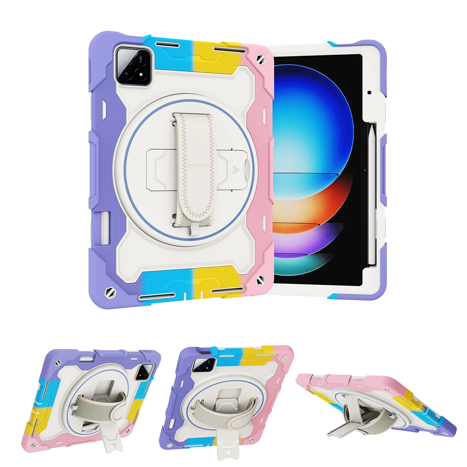 

Прочный Чехол-подставка для Xiaomi Pad 6S Pro 12,4 2024, безопасный для Детей Силиконовый чехол для ПК со слотом для ручки, ремешком на руку, вращающийся на 360 градусов чехол для планшета
