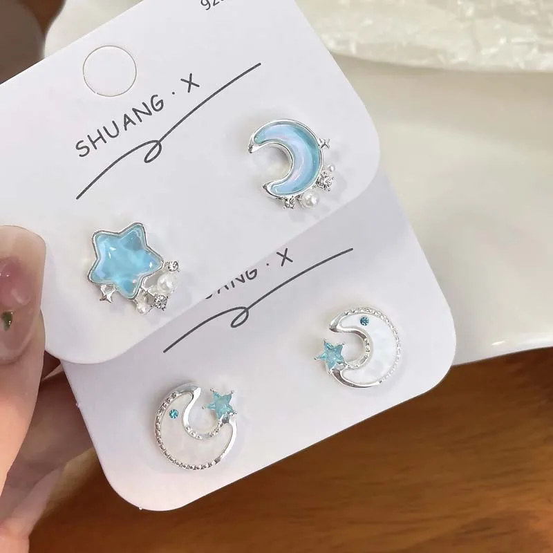 Korean Simple Blue Opal Star Moon Stud Earrings for Women Exquisite Zircon Cross Planet Round Earrings Aesthetic Jewelry Gifts