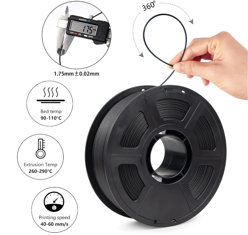PA12-CF Nylon Filament 1.75mm Black 0.25kg, Low Moisture Sensitivity PA12-CF Carbon Fiber Nylon 1.75mm 3D Printing Filament - Image 3