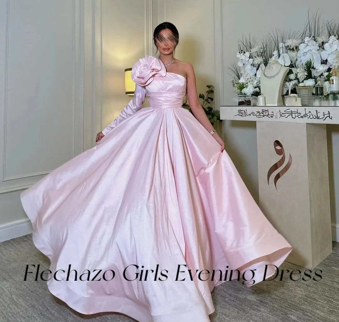 Flechazo Pink Prom Dresses One Shoulder Pleated Flowers Floor-Length Formal Occasion Dress For Women 2024 vestidos de gala