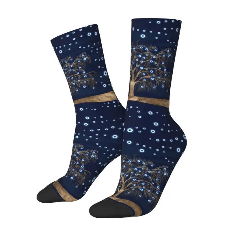 Charm Tree Gold On Dark Blue Mens Crew Socks Unisex Fun 3D Printing Amulet Nazar Evil Eye Dress Socks