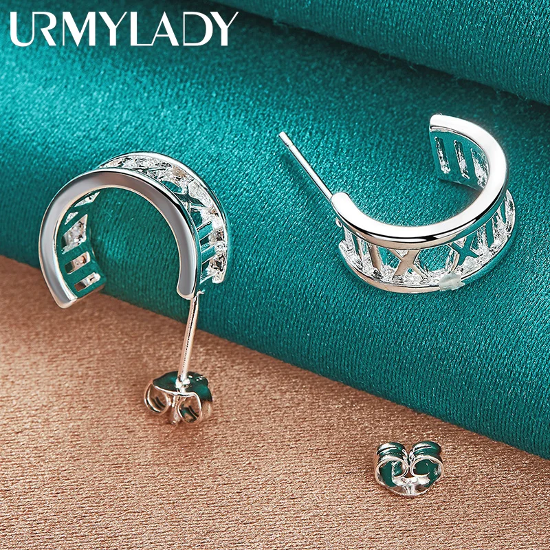 

URMYLADY 925 Sterling Silver Semicircle Roman Numerals Earrings For Women Wedding Engagement Fashion Charm Stud Jewelry