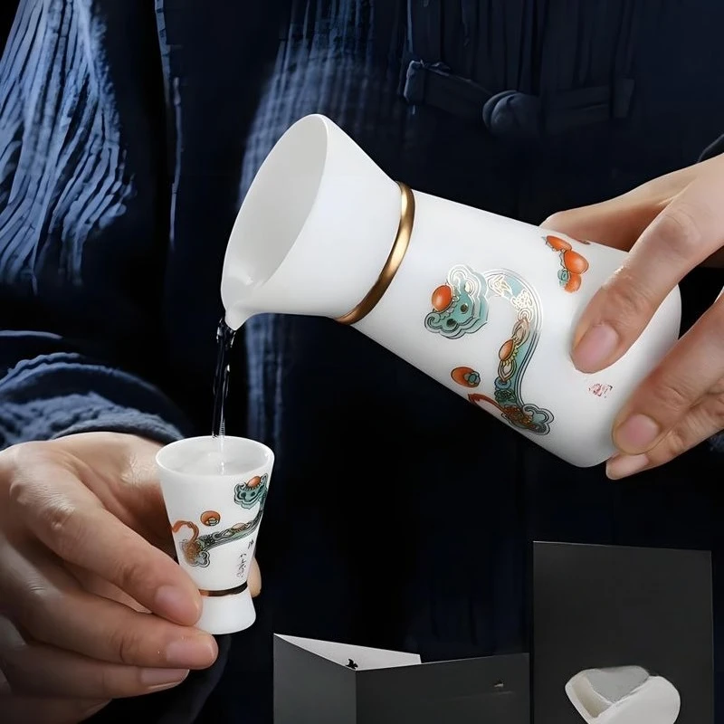 Chinese Baijiu suet jade porcelain dispenser wine set one cup cup household small wine glass gift box high-end