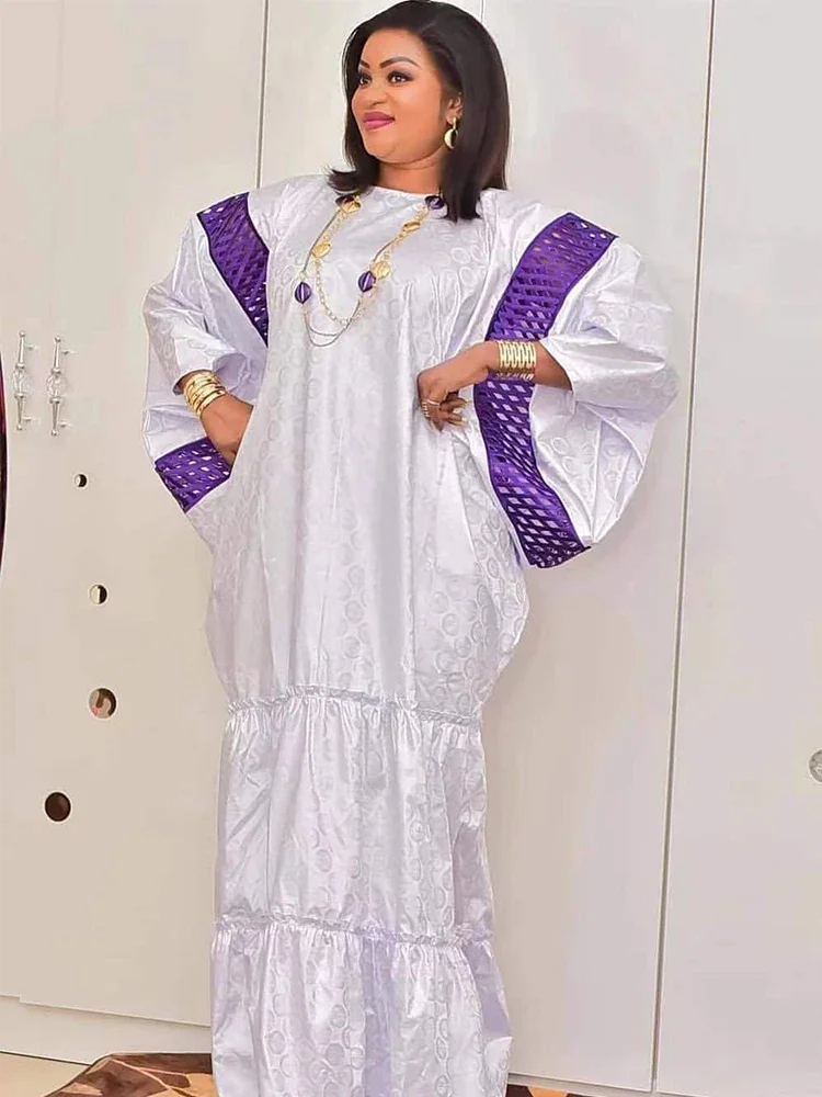 Free Size White And Purple Original Bazin Riche Dashiki Robe For Traditional Wedding Bride Evening Gowns Loose Style Bazin Dress