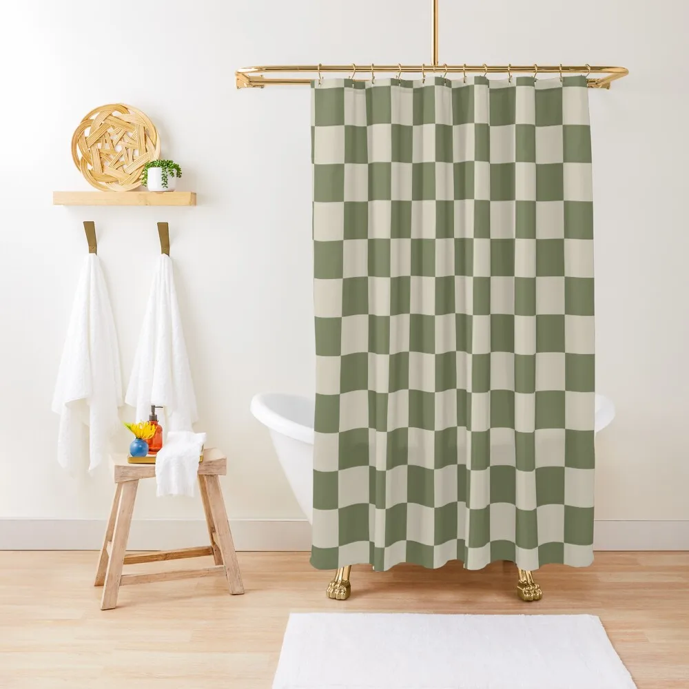 

Checkerboard Check Checkered Pattern in Sage Olive Green and Beige Shower Curtain For Bathroom Shower Set For Bathroom Curtain