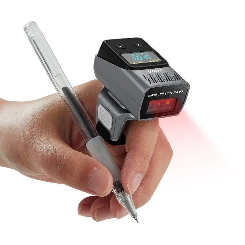 EY-038 Bluetooth Barcode Scanner with Mini Display 1D or 2D Wireless Bar Code Reader, Finger Wearable Design, Fast&Accurat