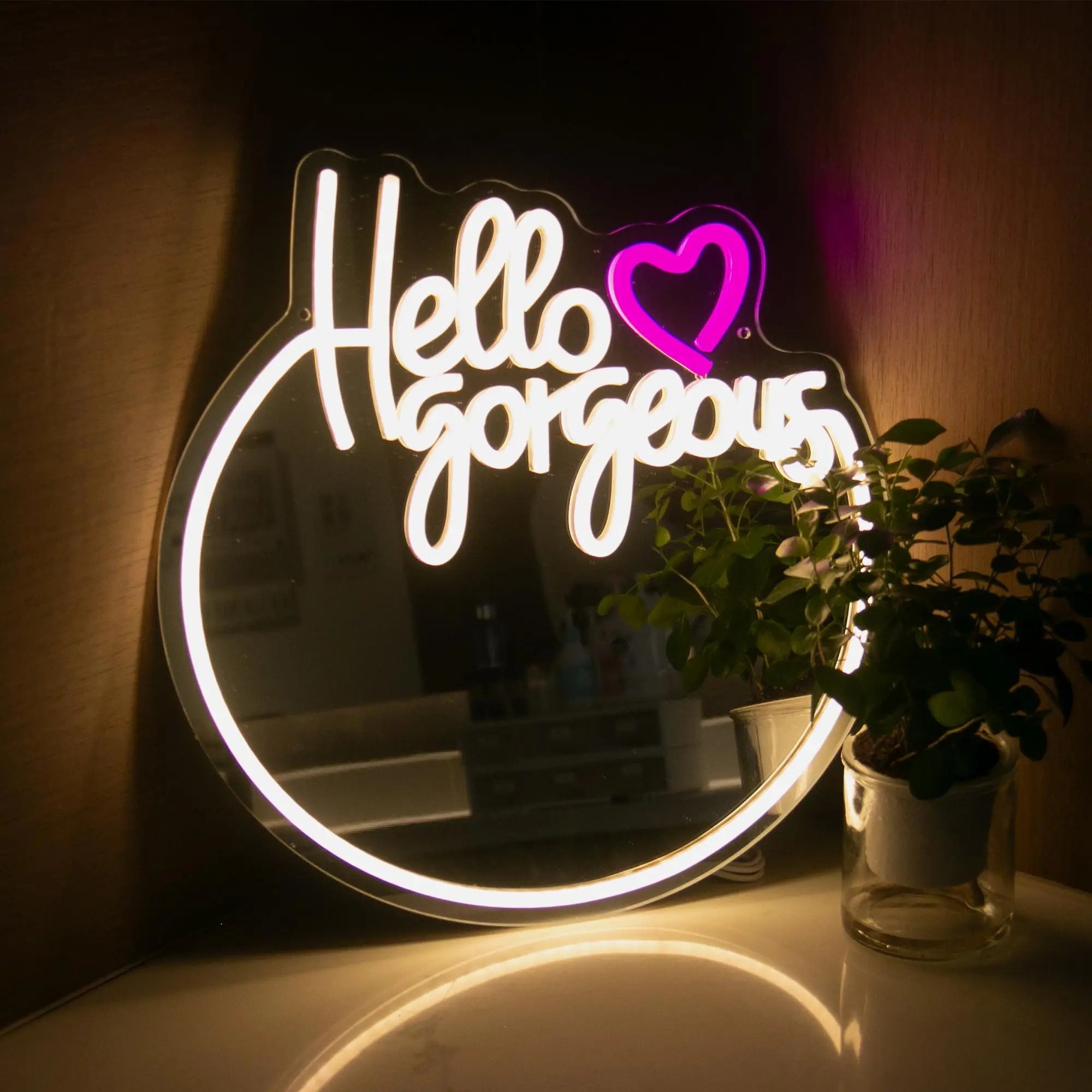 Hello Gorgeous Neon Sign Mirror for Wall Decor Art Gorgeous Neon Mirror Light for Girl's Room Dresser Warm White Mirror Light
