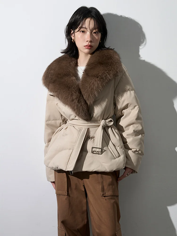 Parka à col en fourrure de renard naturelle pour femme, veste bouffante de luxe avec ceinture, doudoune d'hiver en duvet d'oie, vêtements décontractés, nouvelle mode