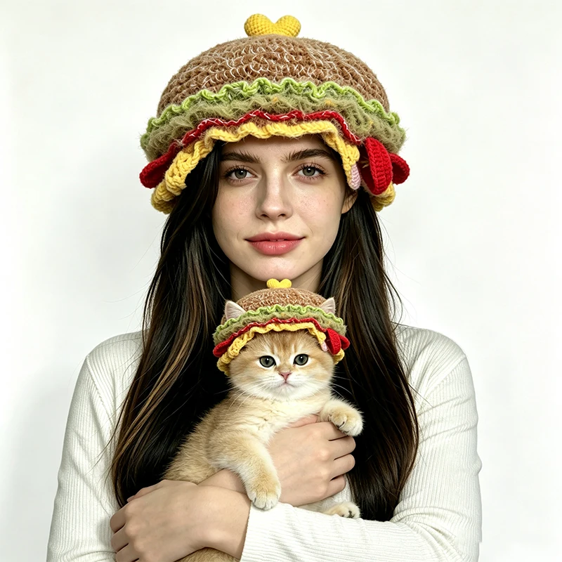 Handmade Hamburger Shaped Hat Women Custom Crochet Knit Heart Fast Food Beanie Men Funny Cosplay Kawaii Halloween Accessory Pets