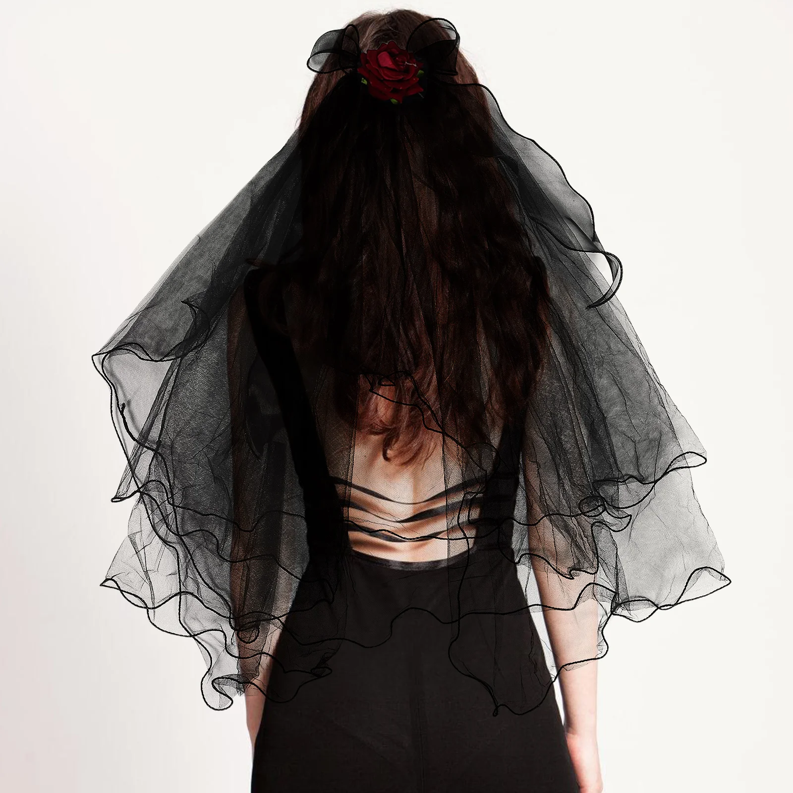 

Gothic Bridal Veil Costume Black Wedding Headband Halloween Cosplay Accessories Dark Witch Fairy Design Red Roses Lightweight