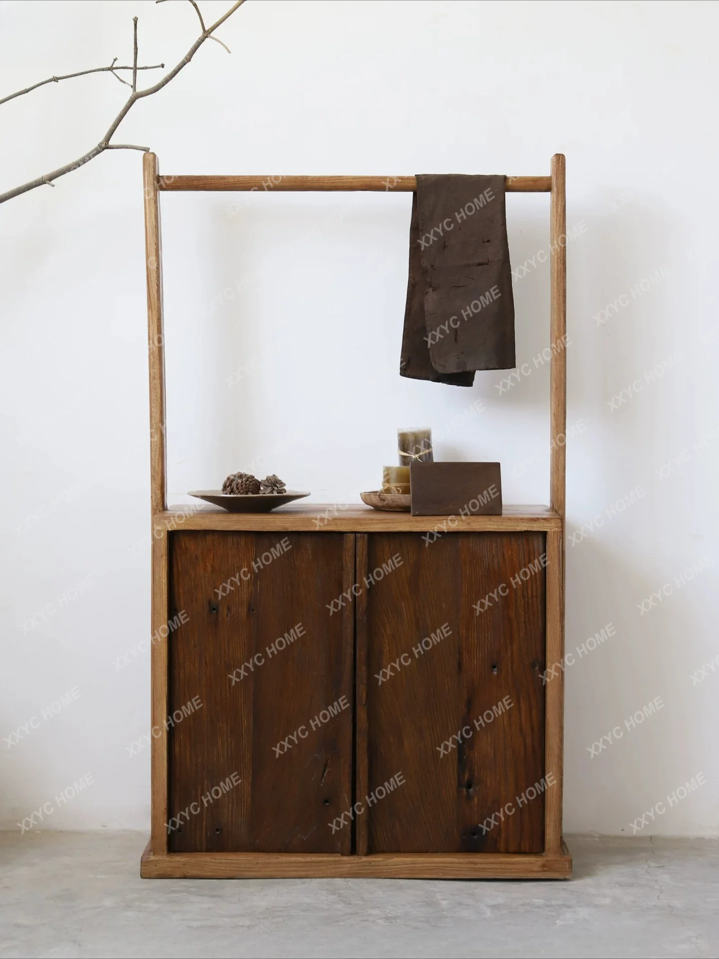 Wabi Sabi Wind Old Elm Coat Rack Storage Rack B & B Hotel Floor-to-ceiling Solid Wood Clothes and Hat Storage