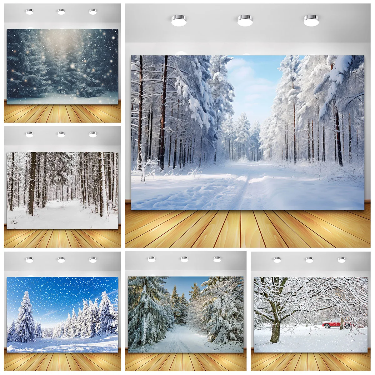 

Winter Wonderland Christmas Backdrop Forest Xmas Tree Snow Snowflakes Photography Background Photo Studio Banner Photozone